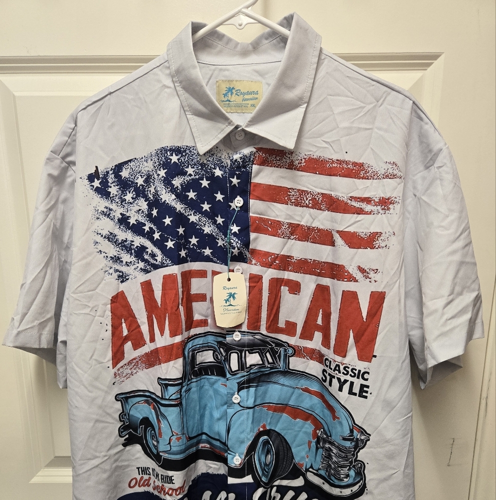 NWT Hawaiian Shirt American Flag Truck Men 2XL